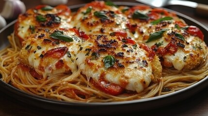 Crispy chicken parmesan over pasta