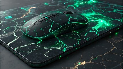 Close up of a black computer mouse with green neon lights on a matching mouse pad design surface