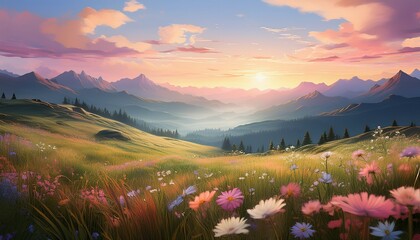 Obraz premium serene mountain meadow at sunrise a pastel dream