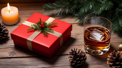 Festive holiday setup with a red gift box, a glass of whiskey, and cozy decorations.
