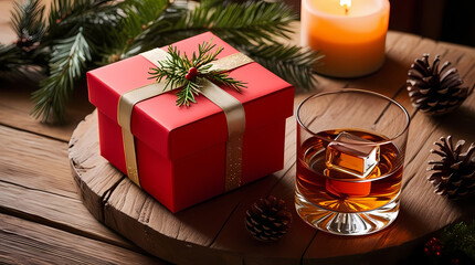 Festive holiday setup with a red gift box, a glass of whiskey, and cozy decorations.