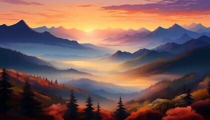 Obraz premium misty mountain majesty a serene sunrise landscape
