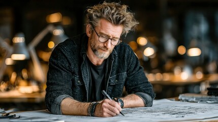 Concentrated man sketching design on large paper in a workshop