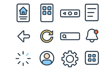 Neon-style user interface icon set with various app controls