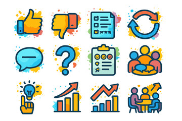 Colorful business icons set with charts, feedback, and collaboration symbols