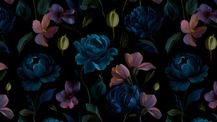 Dark blue and pink floral seamless pattern botanical design