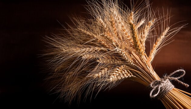 natural wheat sheaf with rustic tied string on dark background