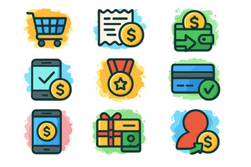 Colorful icons representing shopping, payment, and rewards concepts