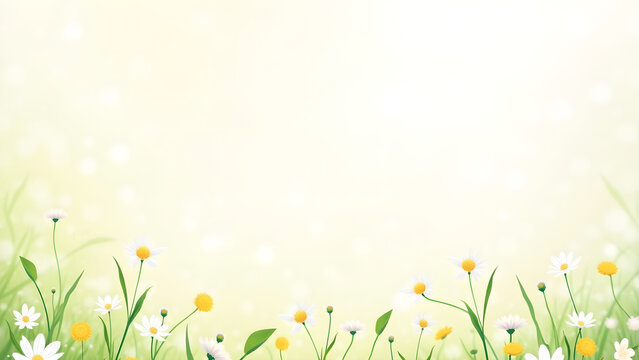 Spring Meadow with Dancing Flowers and Delicate Leaves in Pattern