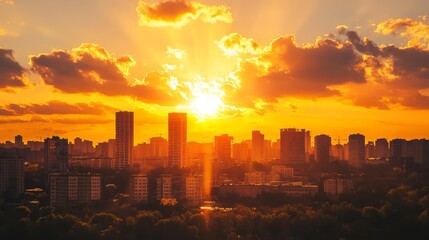 Stunning Golden Sunset Over City Skyline with Silhouettes