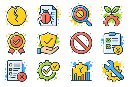 Colorful icons of data analysis, security, and tools with gear and checkmarks