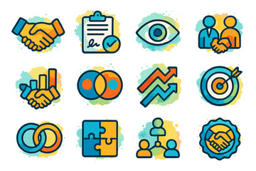 Colorful business icons: handshake, checklist, eye, venn, growth, puzzle, target