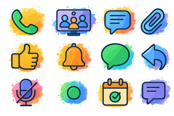 Colorful communication icons set on gradient background