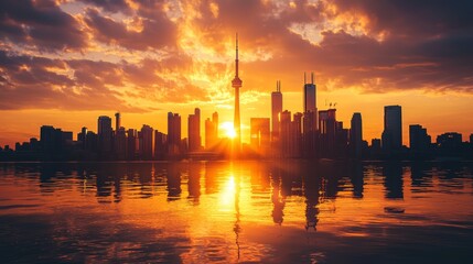 Stunning Sunset Over Cityscape Skyline with Vibrant Golden Light