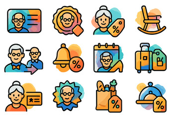 Elderly discounts and services icons with senior people and various items