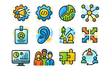 Colorful business icons featuring teamwork, strategy, and analytics concepts