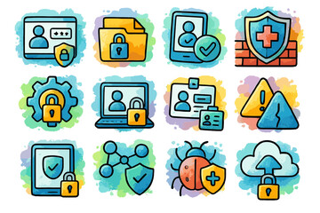 Digital security icons set featuring locks, shields, and alerts