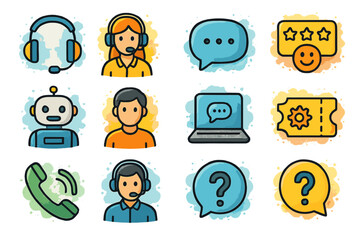 Customer support icons set: headset, agent, chat, feedback, robot, laptop