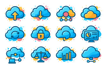 Obraz premium Colorful cloud computing icons with security and analytics elements
