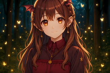 Enchanting anime girl with bat wings and star earrings glowing amidst fireflies in a mystical forest at night, radiating magical charm and fantasy allure in detailed artwork.