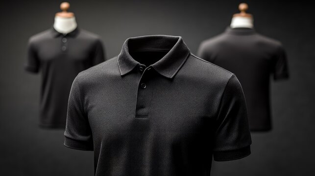 Three black polo shirts on mannequins