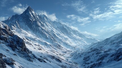 Fototapeta premium A snowy mountain range under a blue sky with some clouds on a bright day in a mountainous landscape