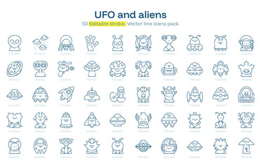  UFO and aliens line icon pack. UFO and aliens Stroke icon set. Editable Stroke icon