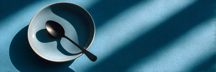 World eating disorders day concept with shadow of a spoon on plate. Mental disorder, anorexia, bulimia. Mental health problem. World Hunger Day. Copy space. Horizontal banner
