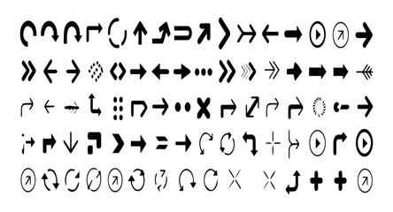 Collection of diverse black arrow icons on a white background, showcasing various directions, shapes, and styles including curved, straight, dotted, and circular arrows in a grid layout.