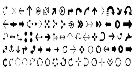 Collection of diverse black arrow icons on a white background, showcasing various directions, shapes, and styles including curved, straight, dotted, and circular arrows in a grid layout.
