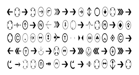 Collection of diverse black arrow icons on a white background, showcasing various directions, shapes, and styles including curved, straight, dotted, and circular arrows in a grid layout.