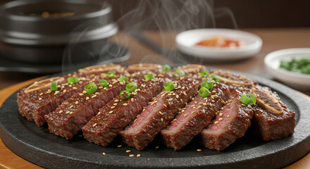 Korean-style beef short ribs, grilled and glazed to perfection, styled for an authentic Korean barbecue menu.
