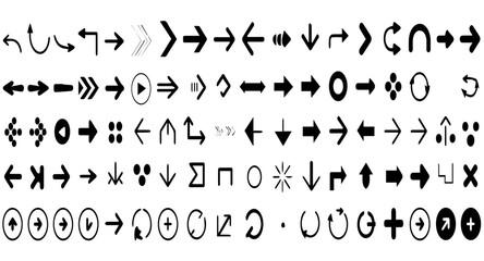 Collection of diverse black arrow icons on a white background, showcasing various directions, shapes, and styles including curved, straight, dotted, and circular arrows in a grid layout.