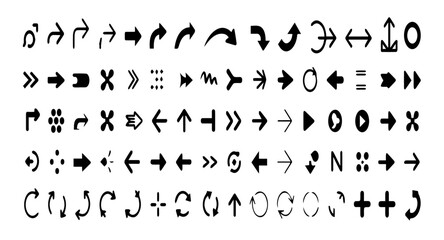 Collection of diverse black arrow icons on a white background, showcasing various directions, shapes, and styles including curved, straight, dotted, and circular arrows in a grid layout.
