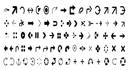 Collection of diverse black arrow icons on a white background, showcasing various directions, shapes, and styles including curved, straight, dotted, and circular arrows in a grid layout.