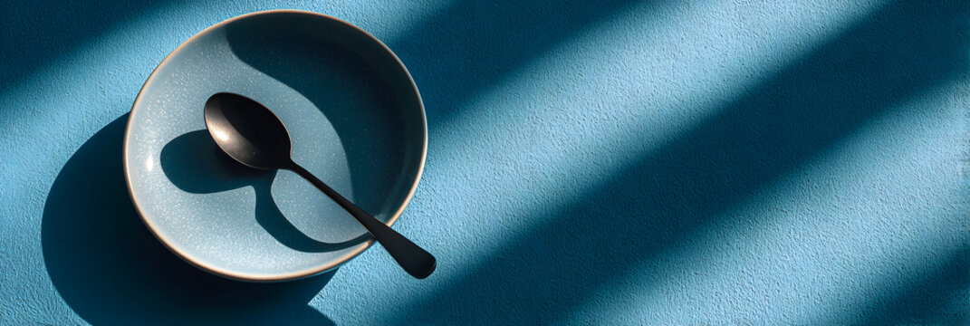 World eating disorders day concept with shadow of a spoon on plate. Mental disorder, anorexia, bulimia. Mental health problem. World Hunger Day. Copy space. Horizontal banner - Powered by Adobe