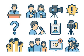 Icon set of journalism and media elements with reporters and cameras