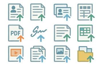 Digital document icons with upload arrows and text elements