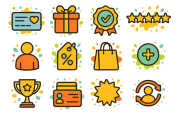 Colorful shopping icons including gift, badge, stars, trophy, and bag symbols