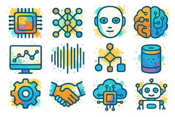 Fototapeta premium Ai and technology icons set featuring robots, brain, and circuit designs