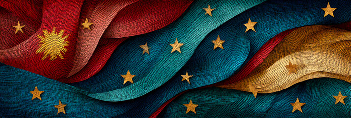 Vibrant philippines independence day celebration with red and blue textures and golden stars. Horizontal banner. Copy space. Background in colors of flag of Philippines