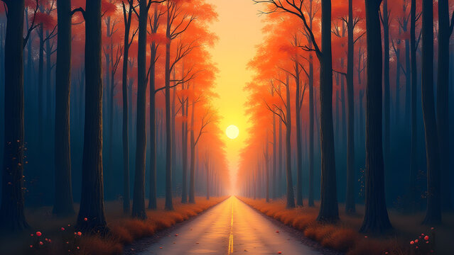 A painting of a forest with a road in the middle and a sunset in the background
