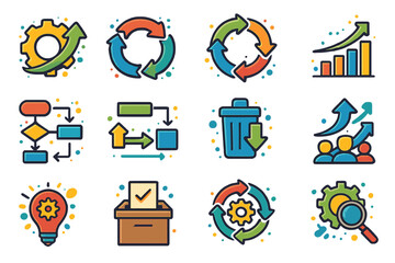 Colorful business infographic icons illustrating workflow and growth concepts