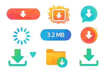 Colorful digital download icons and symbols in watercolor style