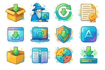 Colorful digital icons for downloading and security
