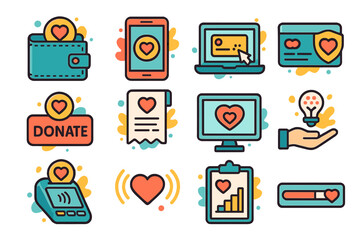 Colorful charity and donation icons with wallet, heart, and online elements