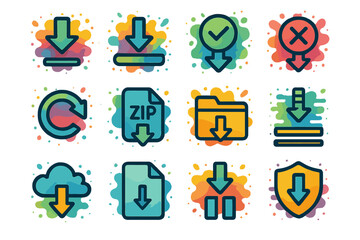 Colorful download icons set with cloud and file symbols on abstract background
