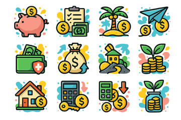Colorful financial icons representing savings, investments, and budgeting