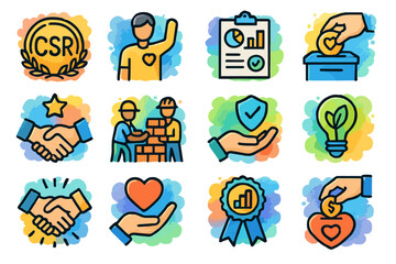 Community support icons: charity, business, teamwork, sustainability, trust