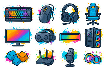 Vibrant gaming equipment collection with headset, keyboard, and gaming chair